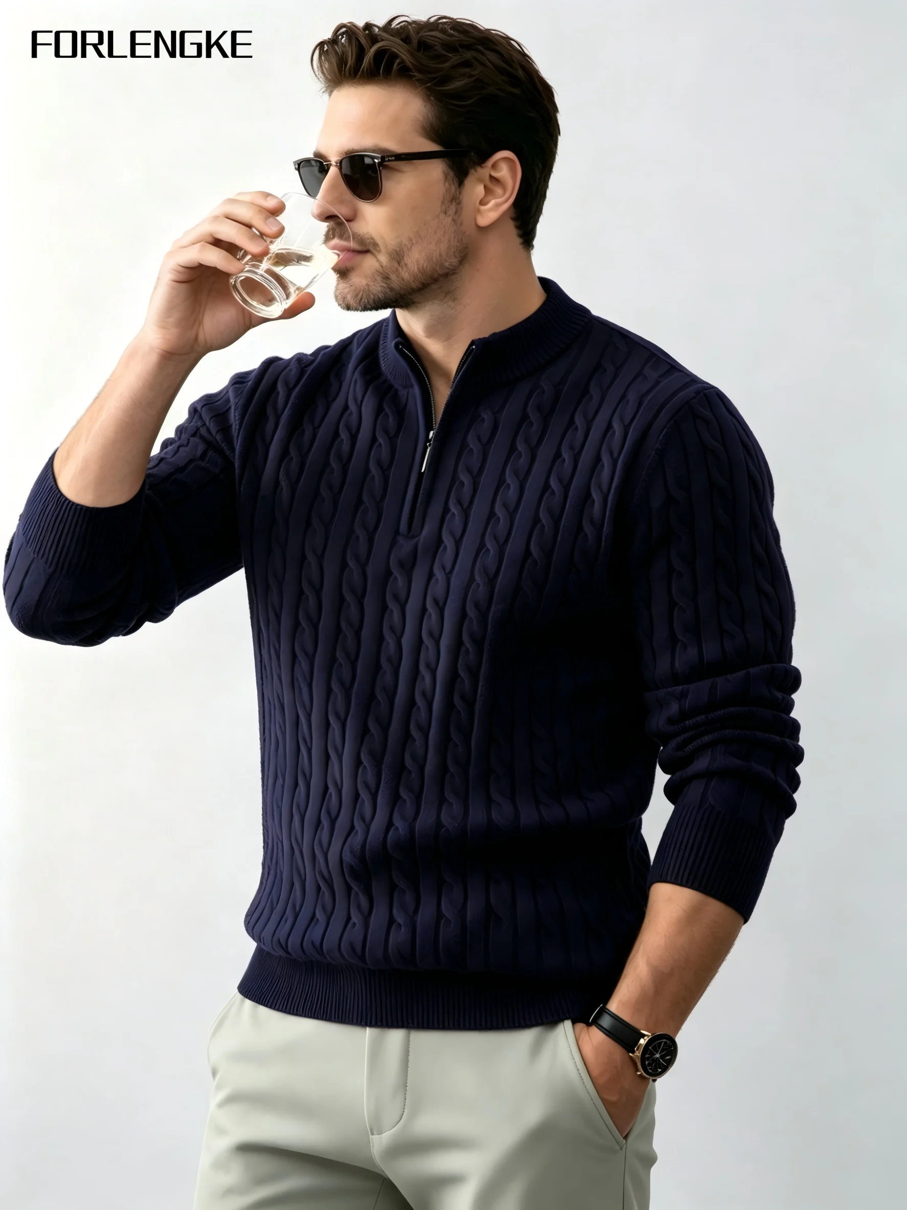 FORLENGKE Herren Business Casual Halbzip-Pullover mit Stehkragen, Weicher Warmer Acryl-Langarm-Pullover für Herbst und Winter – Detail 7