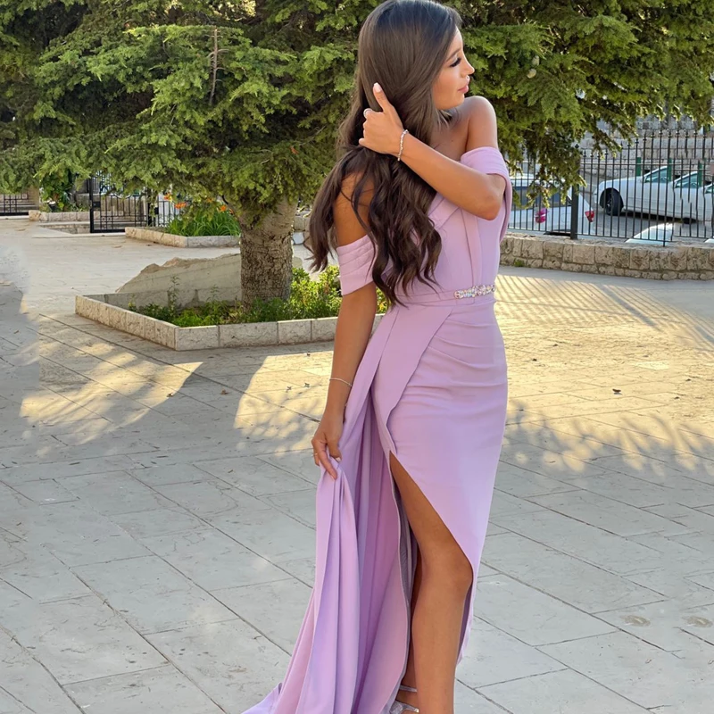 Thinyfull Sexy Prom Evening Dresses Off Shoulder Beadings Party Dress 2022 High Split Mermaid Lavender Cocktail Gowns Plus Size