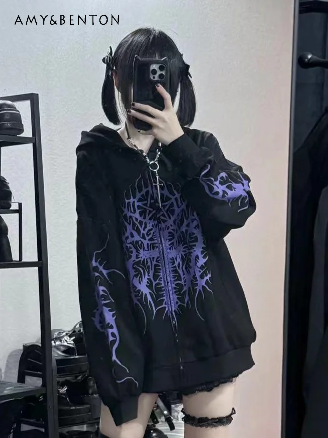 

Original Street Gothic Mine Series Casual Hooded Zip Up Hoodie Women Japanese Punk Style Subculture Printed Oversized Sweatshirt