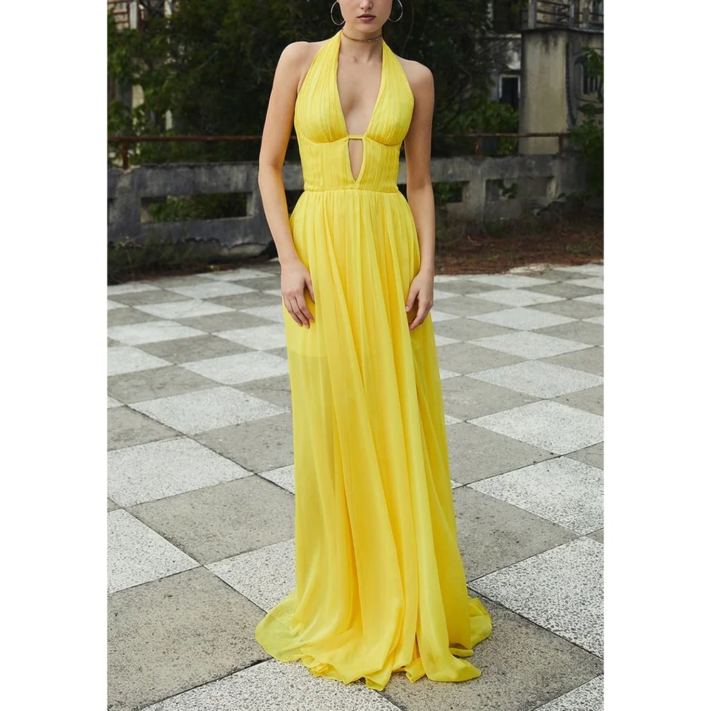 

Sexy Deep V Neck Chiffon Sleeveless Long Evening Dresses A-Line Prom Gowns Elegant Pleat Floor Length Dresses