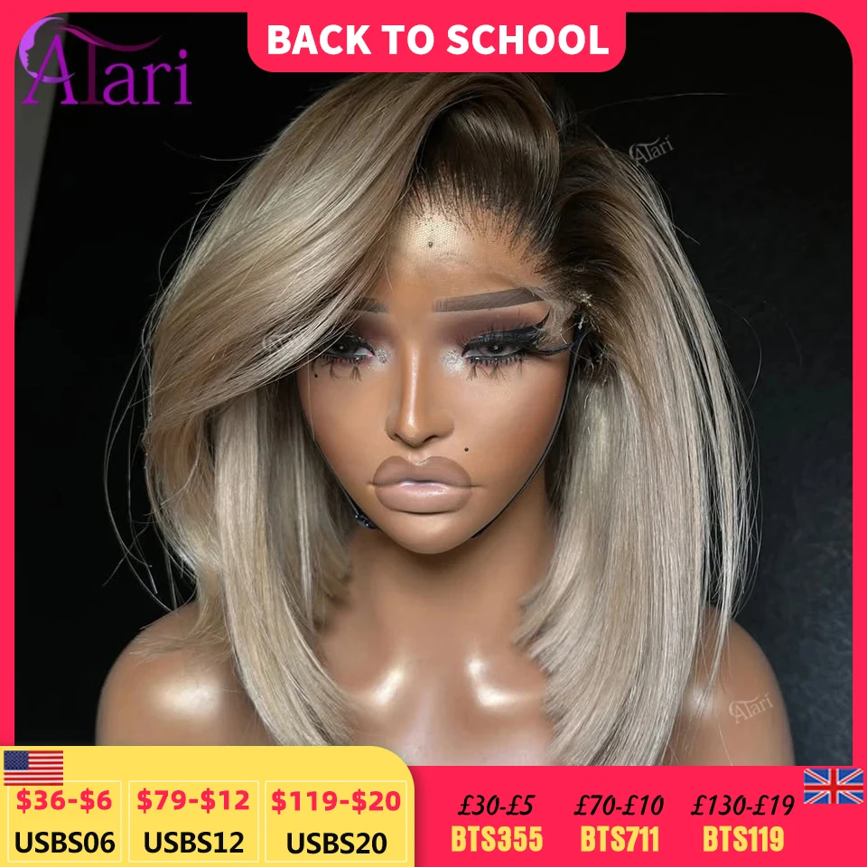 Aschblond mit braunen Wurzeln, kurze Bob-Perücke, transparent, 13 x 4, volle Spitze, Frontal-Echthaar, gerade Bob-Perücke, vorgezupft, für Frauen