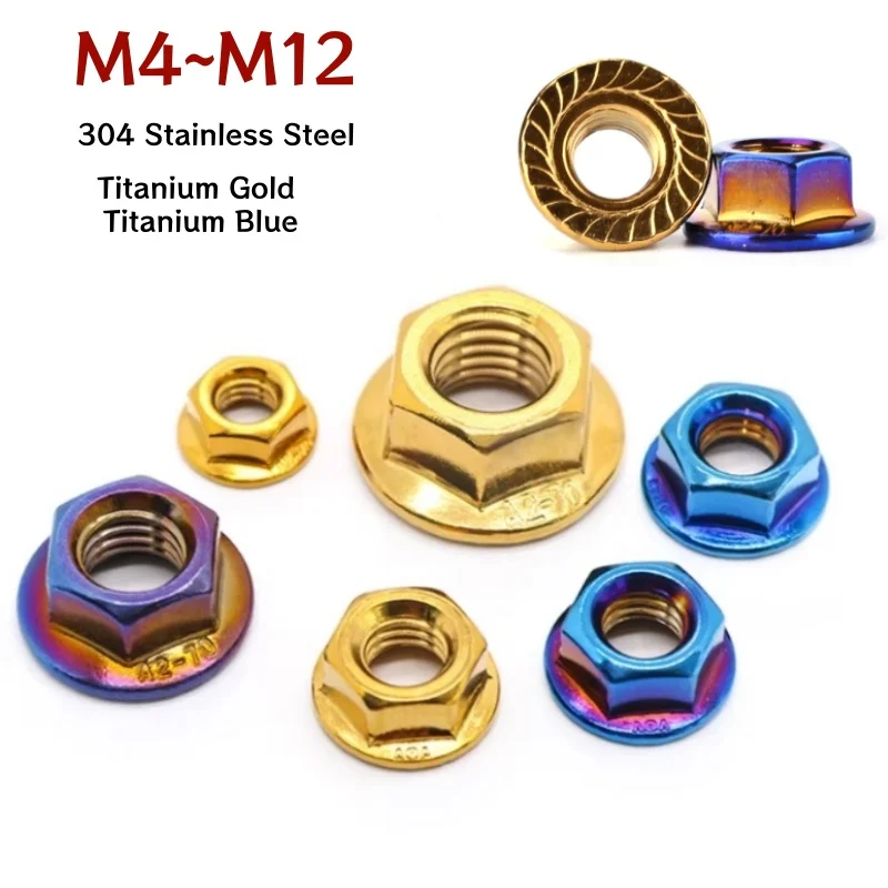 M4 M5 M6 M8 M10 M12 304 Stainless Steel Blue/gold Hexagon Serrated Lock Spinlock Flange Nut For Motorcycle Direct
