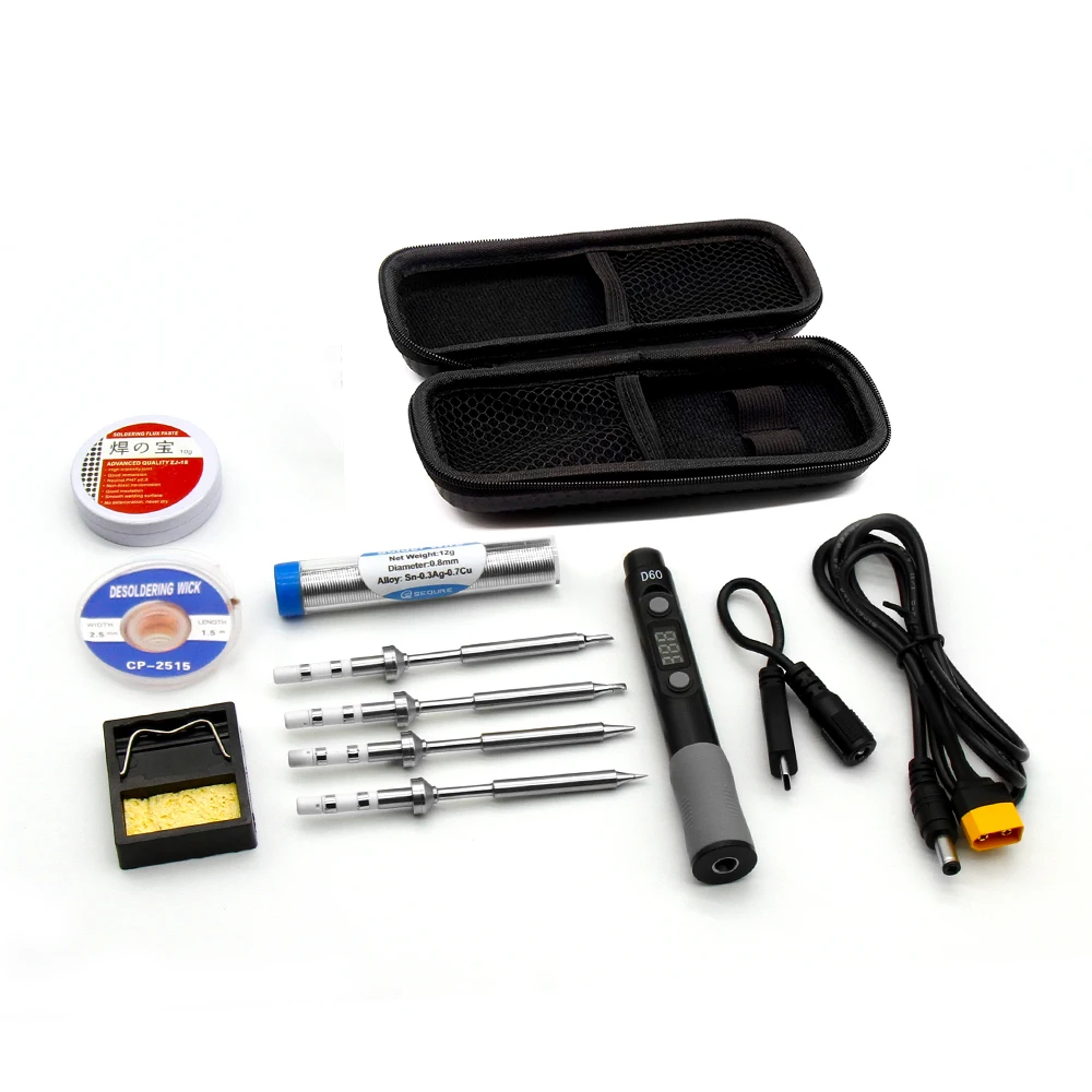 SEQURE D60B Kit with 4 Tips 60W Mini Electric Soldering Iron with DC12-24V TYPE-C Interface Precision Repair Tools