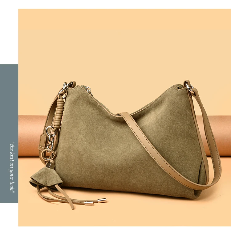 100% Echtes Wildleder Damen Schulter-Umhängetaschen Retro Echtleder Handtasche Designer Große Kapazität Pendler-Handtaschen – Detail 3