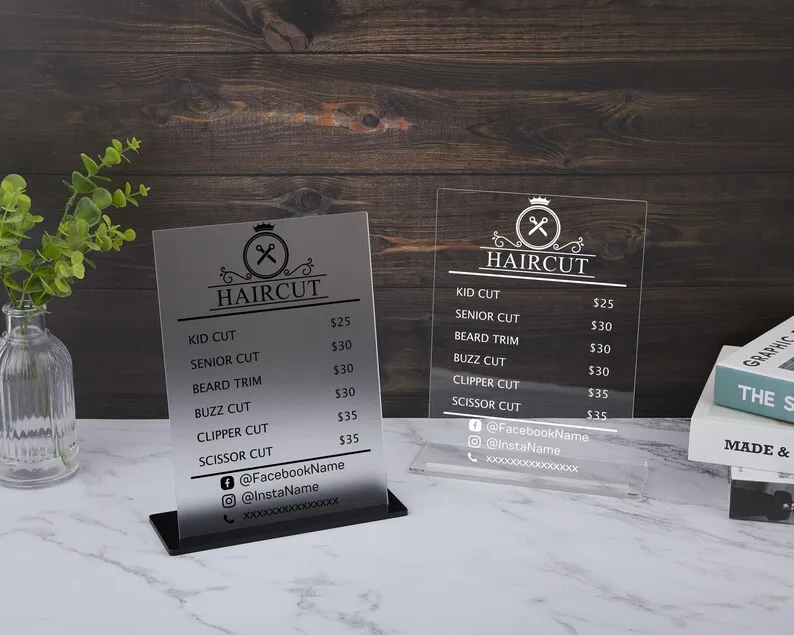 Personalized Acrylic Price List Sign With Stand Custom Business Logo Pricing Board Desktop Service Menu Plaque for Barber Shop view 4