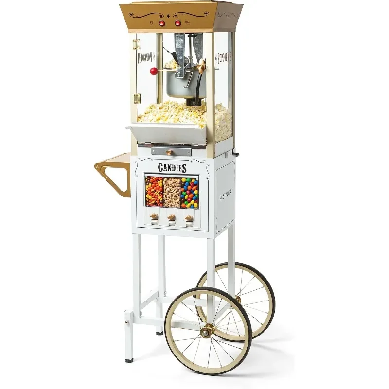 

Popcorn Maker Machine Professional Cart With 8 Oz Kettle Makes Up to 32 Cups with Candy & Kernel Dispenser Vintage