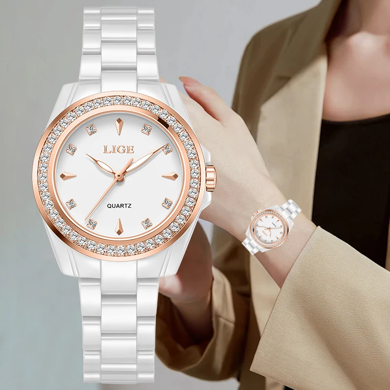 

New LIGE Fashion Luxury Woman Watch Elegant Simple Ceramics Business Waterproof Classic Diamond Quartz Women Watches Reloj Mujer