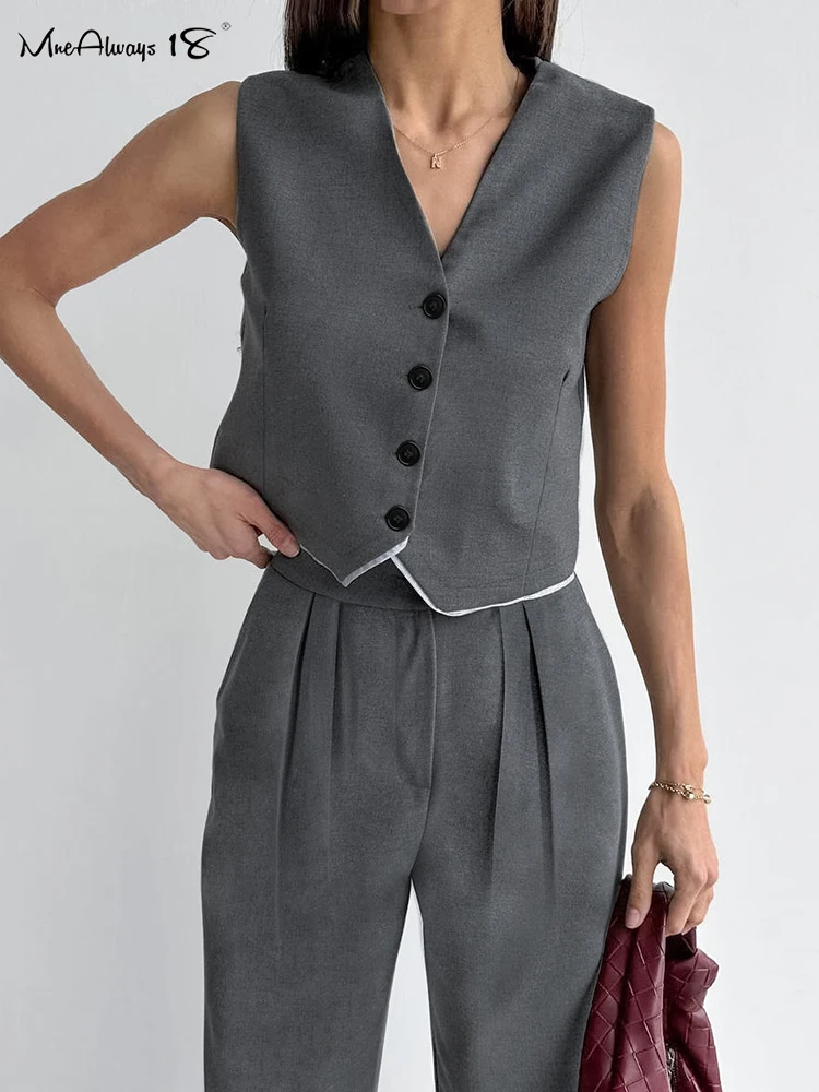 Mnealways18 Gray Pleated Pants Suits Spliced Two Pieces Office Outfits Blazers Tops Women Long Pants 2-Piece Sets Summer 2024