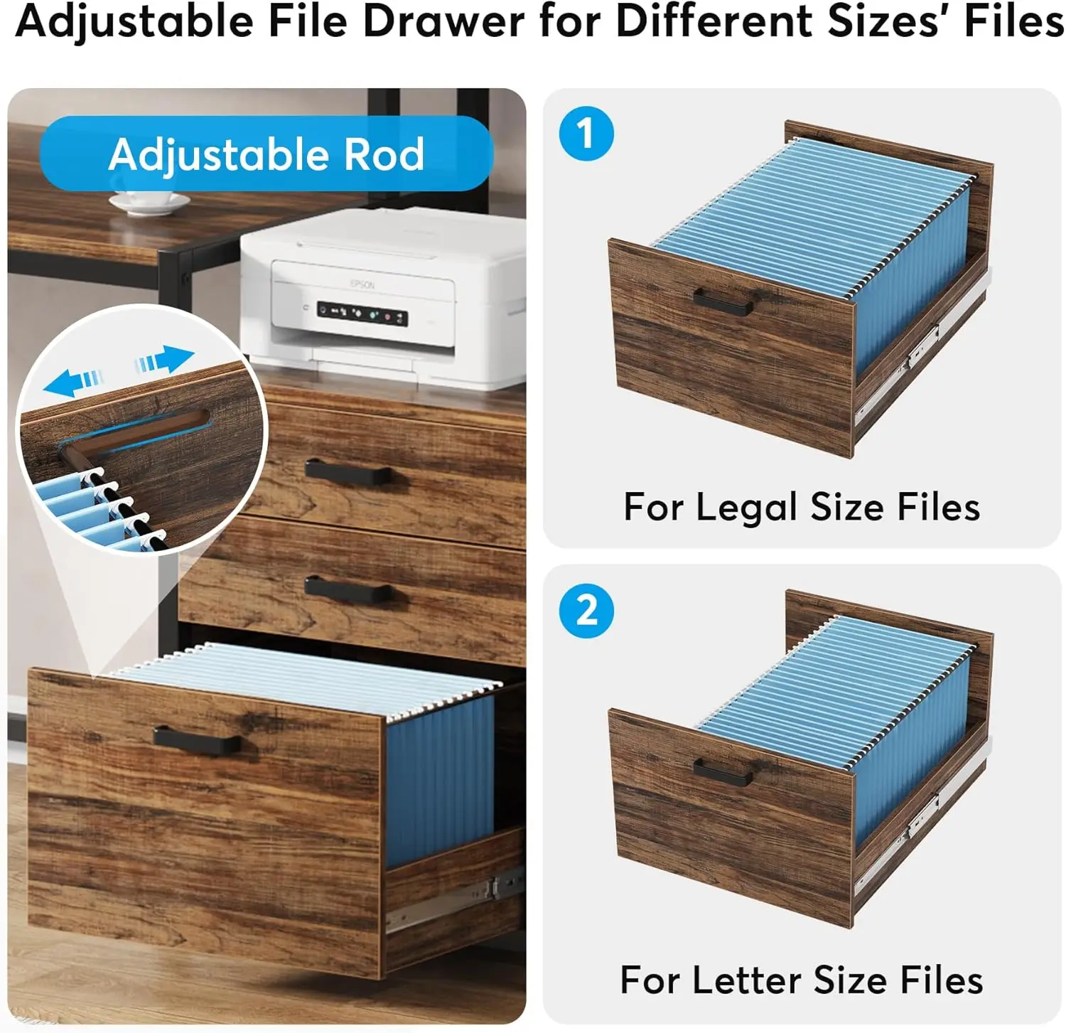 Escritorio para computadora de 63 pulgadas con cajón para archivos, escritorio de oficina ergonómico con soporte para monitor, mesa para computadora industrial con impresora