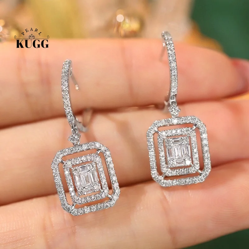 KUGG 100% 18K White Gold Earrings Luxury 1.16carat Real Natural Diamond Hoop Earrings for Women Simple Style High Party Jewelry