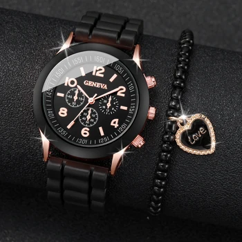 2 adet/takım moda arapça arama kadın izle rahat silikon bant kuvars saatler kalp boncuk bilezik seti