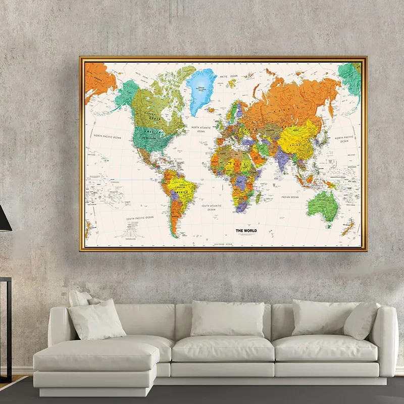 120*80cm 레트로 지도 세계 아트 포스터 프레임 장식 캔버스 회화 벽 인쇄 거실 침실 장식