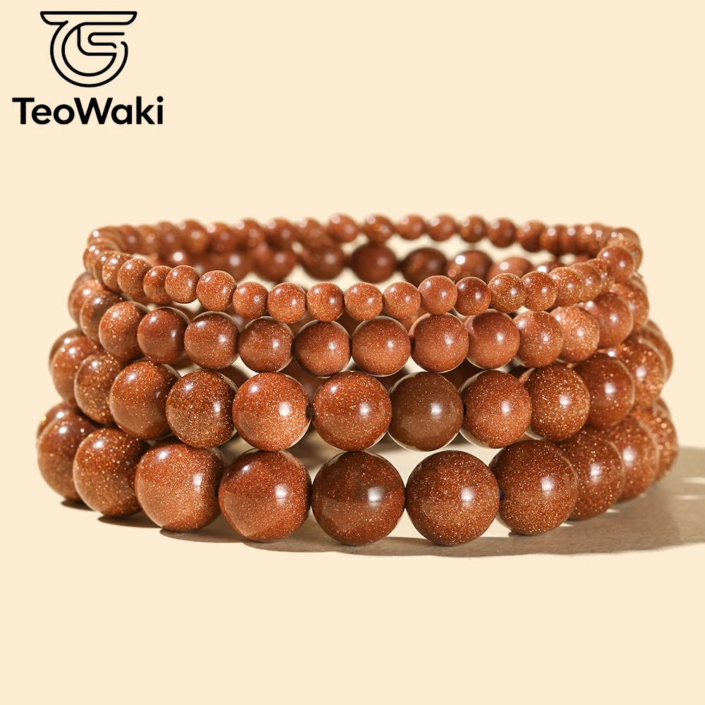 TeoWaki 4/6/8/10mm Round Beads Golden Sand stone Elastic Bracelet for Women Men Stress Reduction Maintaining Mental Balance 19cm