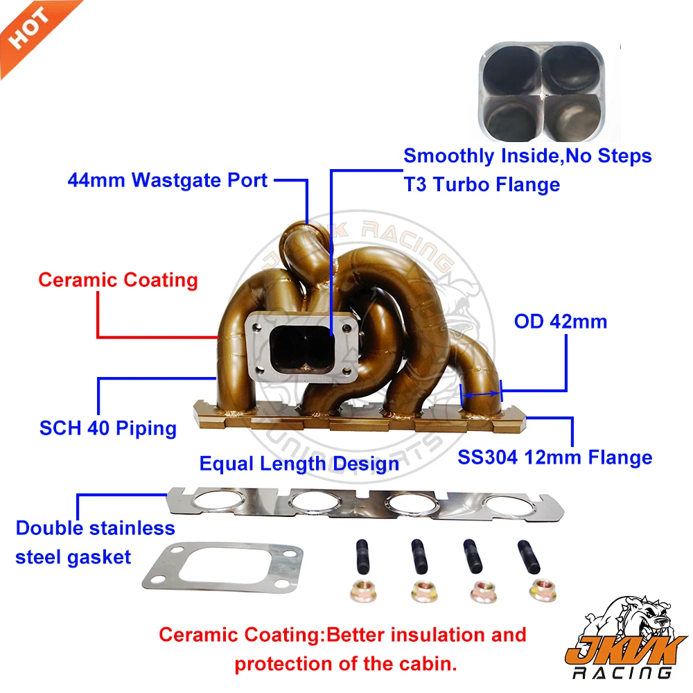 

JKVK RACING Ceramic Coating 42mm OD 3mm Thick SS304 G olf5 EA888 EA113 2.0T T3 Exhaust Turbo Manifold For A3 S3 A5 Q5 A6 TT TTS