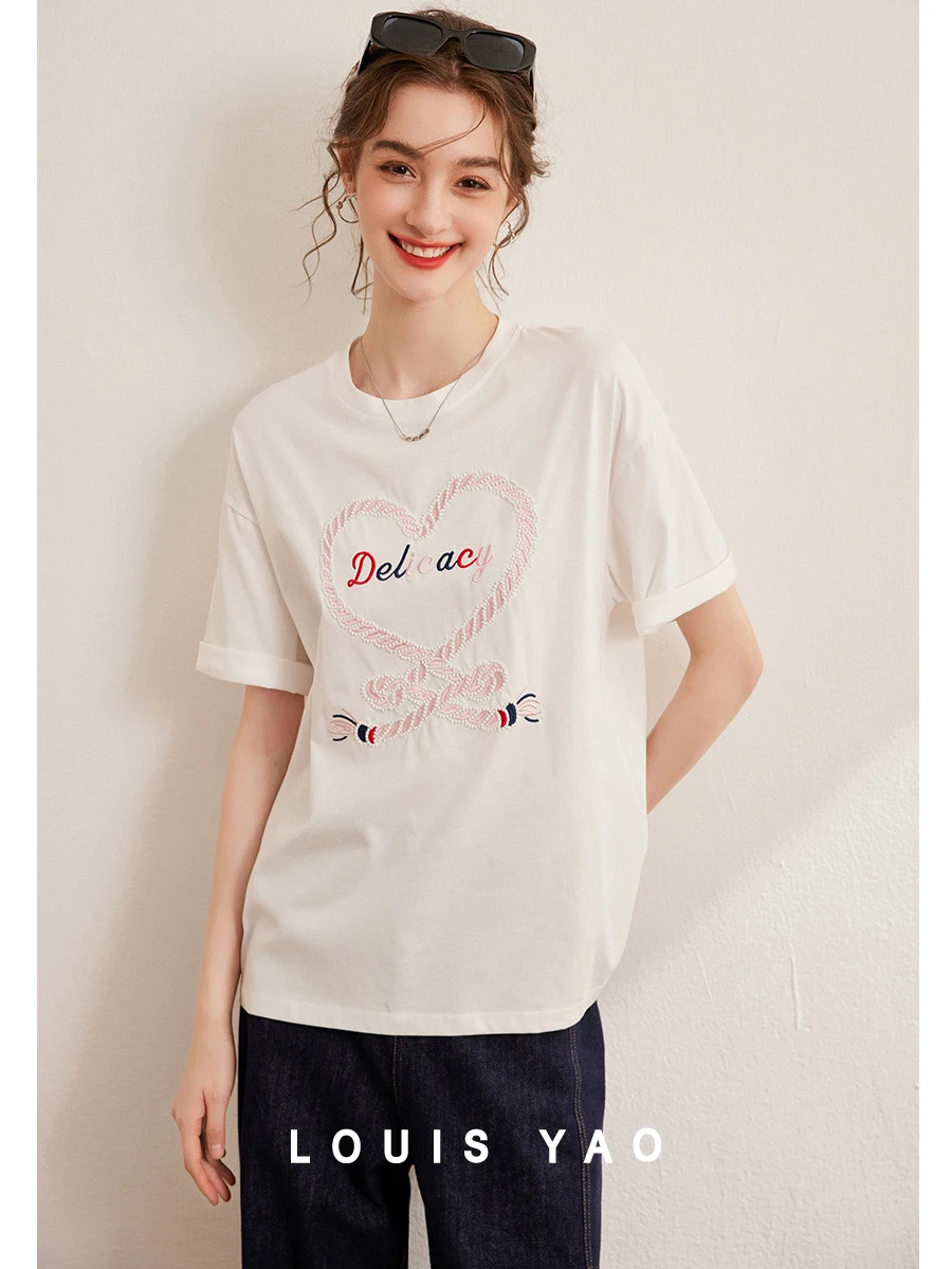 

LOUIS YAO Women T-shirt 2024 Summer O Neck Short Sleeve Casual Beading Embroidery Tee Loose Basic Pullover Top