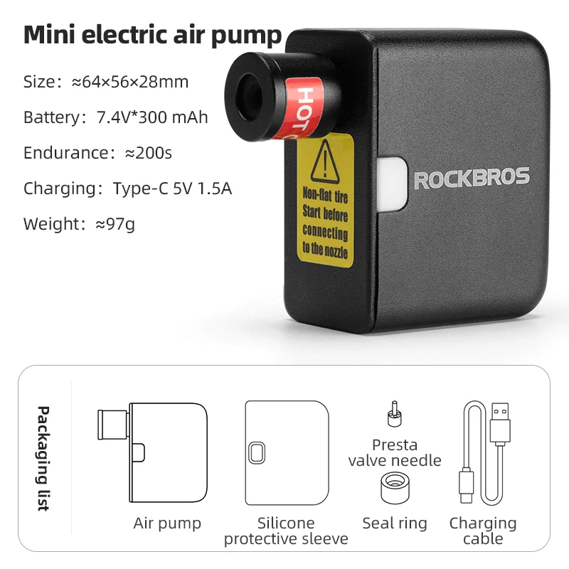 ROCKBROS 100PSI Mini Electric Air Pump Bicycle Portable Type-C Compressor Tire Inflator FV AV Car Bike Motorcycle Cycling Pump