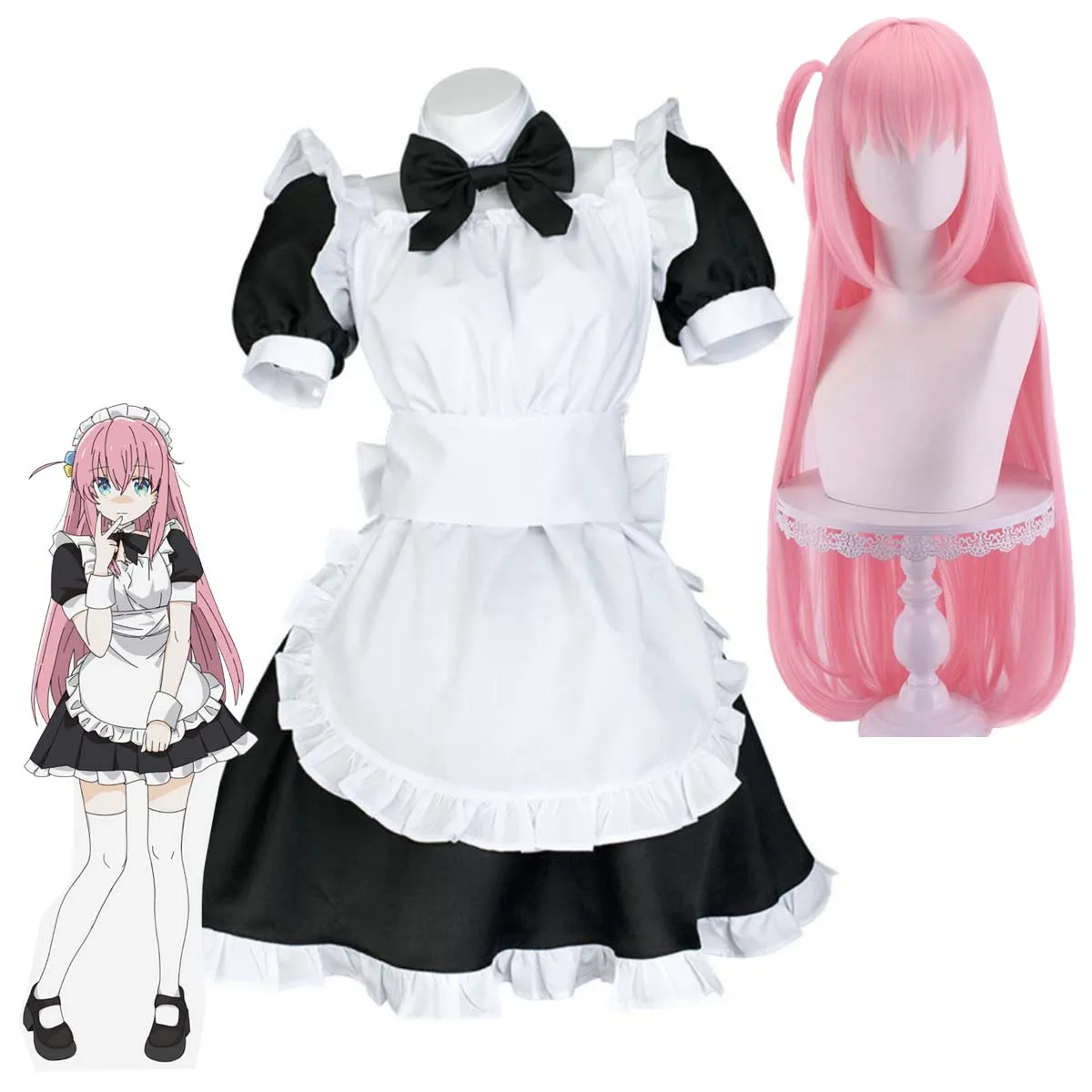 

Women Halloween Clothes Anime Bocchi The Rock Cos Gotoh Hitori Kita Ikuyo Yamada Ryo Ijichi Nijika Maid Dress Costume or Wig