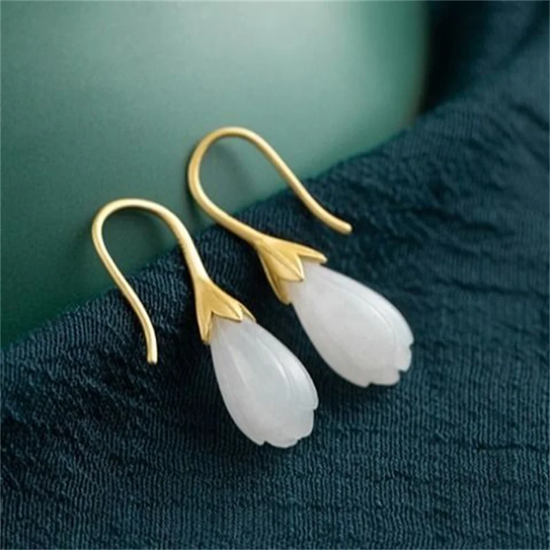 Exquisitos pendientes de gota de flor de orquídea de brote de Jade para mujer, ganchos para la oreja de moda, pendientes de plata 925, joyería para la oreja para mujer, regalo