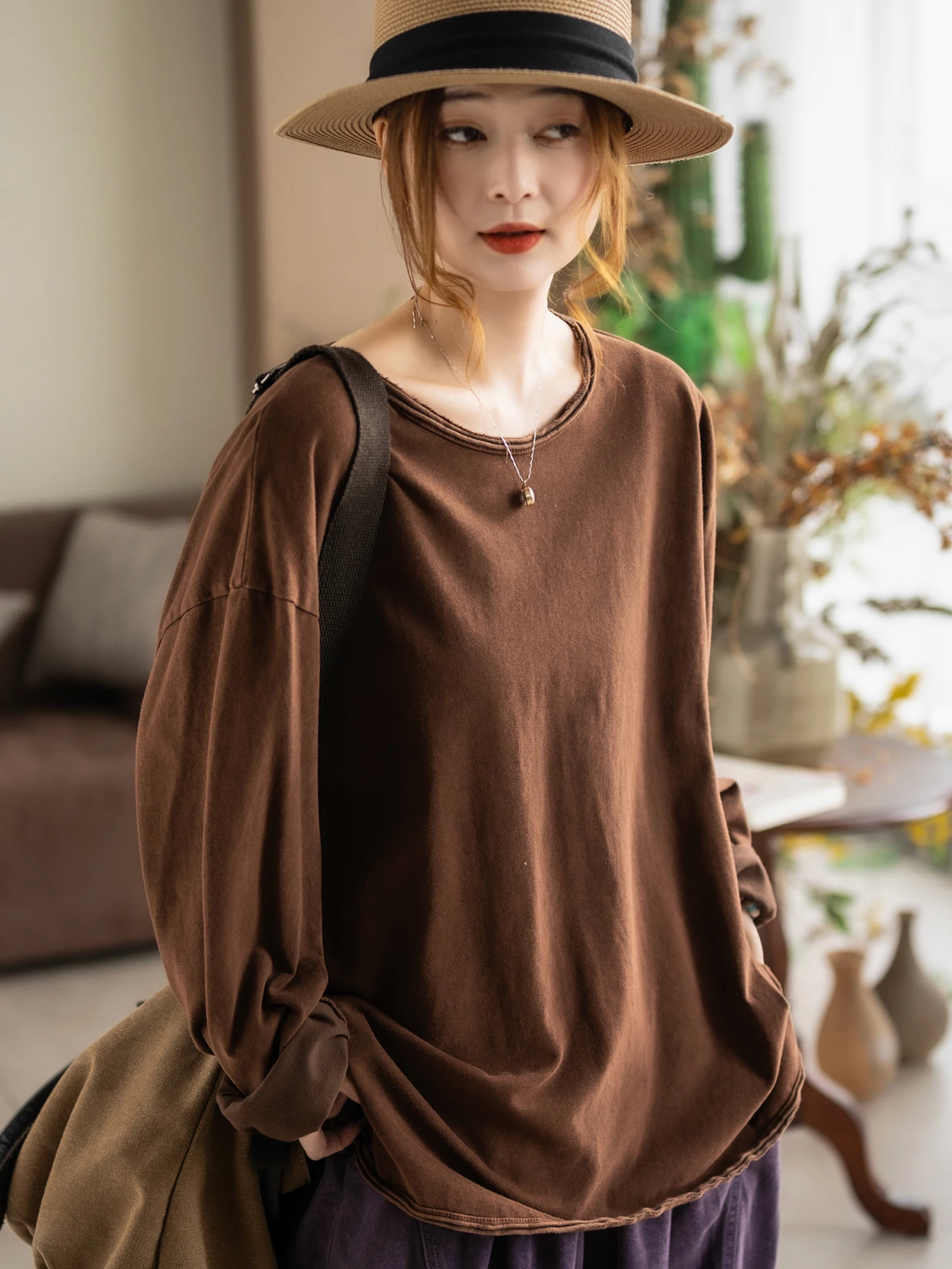 

Kamiyu Pure Cotton Long Sleeve T-Shirt Retro Cooked Color Loose Women's Casual Style Spring 2026 Inner Wear Korean Versatile Top