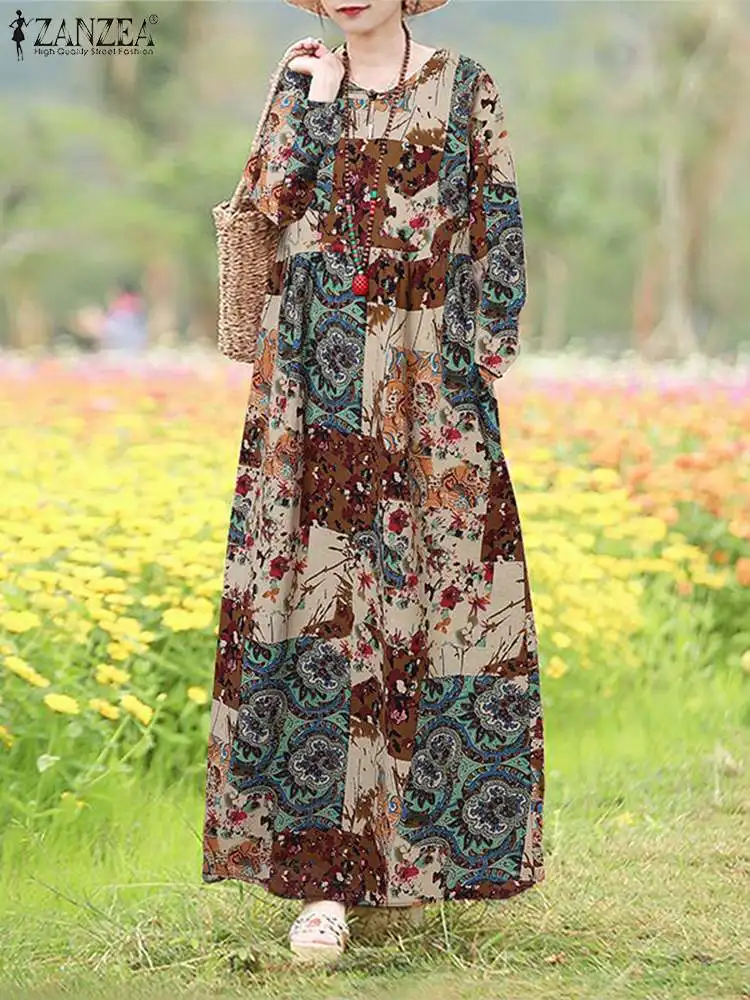 2024 ZANZEA Women Autumn O Neck Long Sleeve Maxi Dress Vintage Floral Printed Sundress Bohemian Loose Party Vestido Kaftan Robe