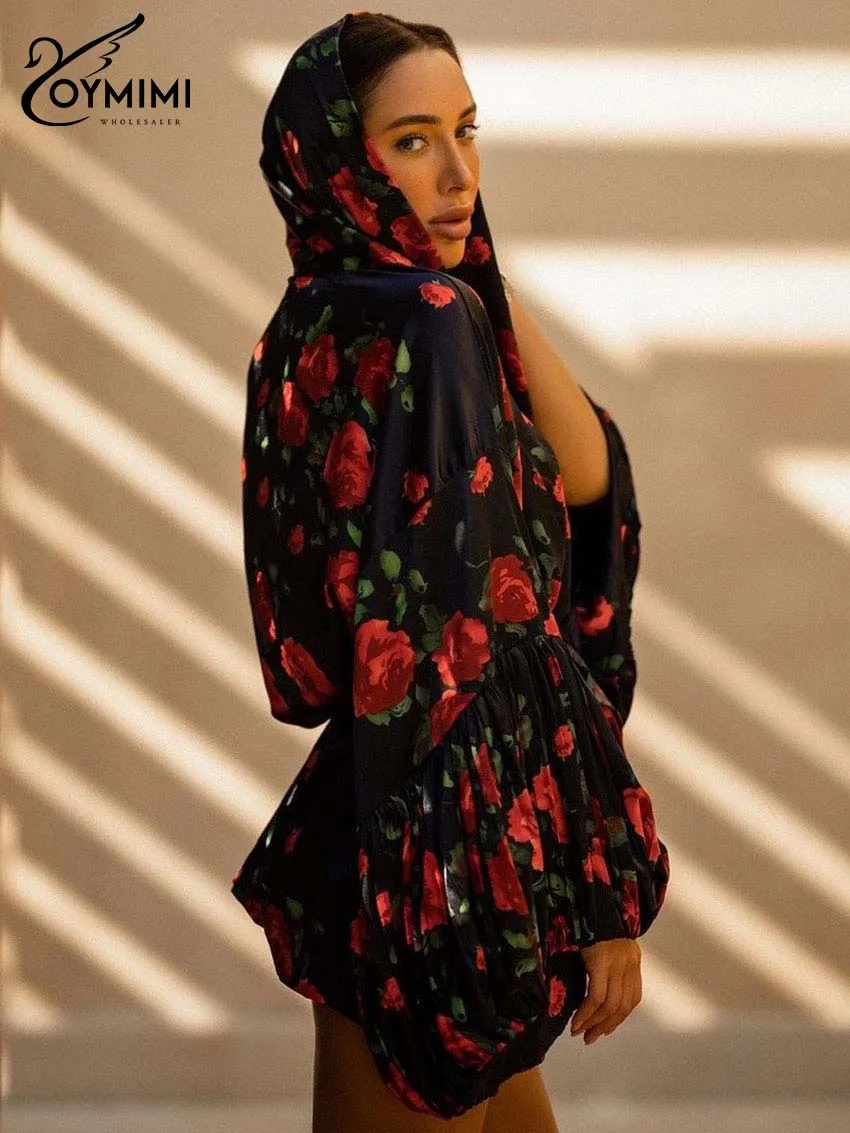 Oymimi Fashion Black Print Dresses 2025 Woman Elegant Deep V-Neck Lantern Sleeve Lace-Up Dresses Casual Loose Mini Dress Female