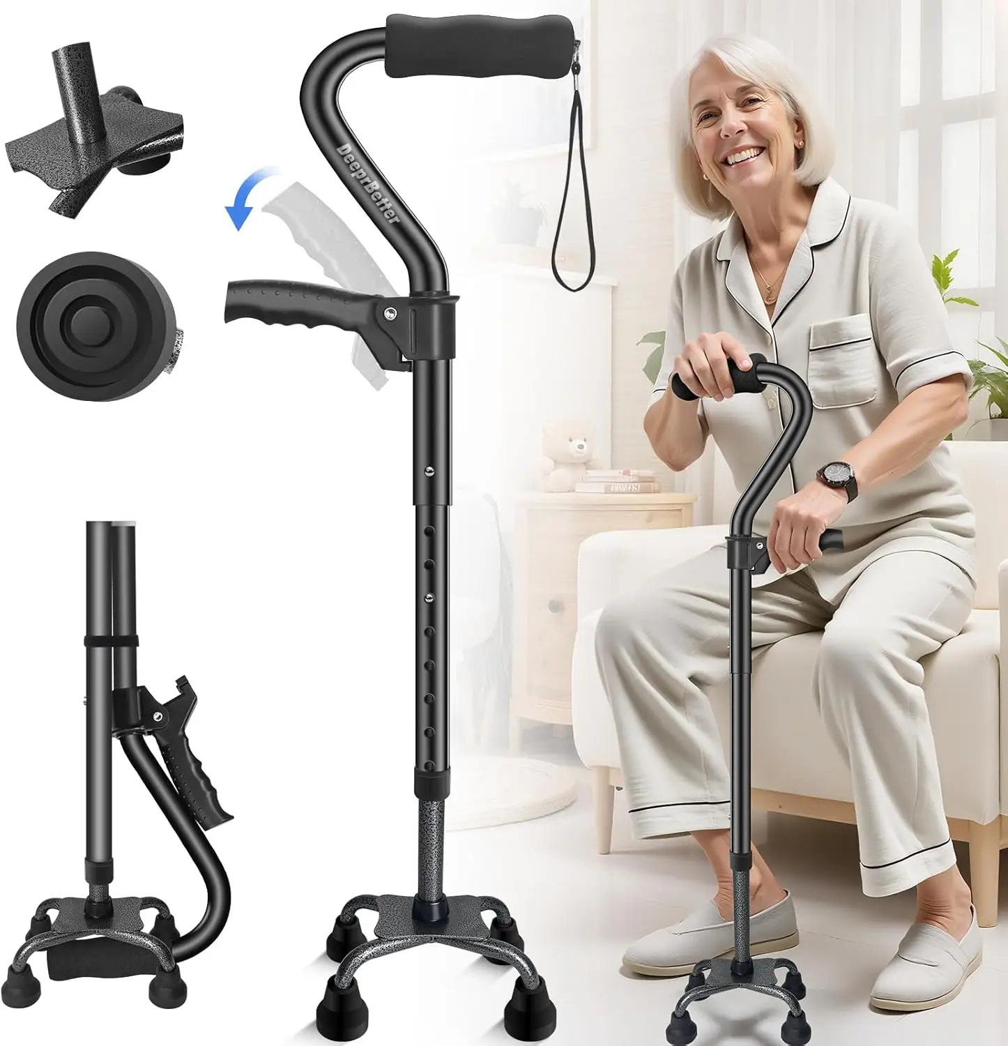 

Усиленная регулируемая трость-костыль для пожилых людей, самонесущая, с эргономичной ручкой (грузоподъемность 150 кг)