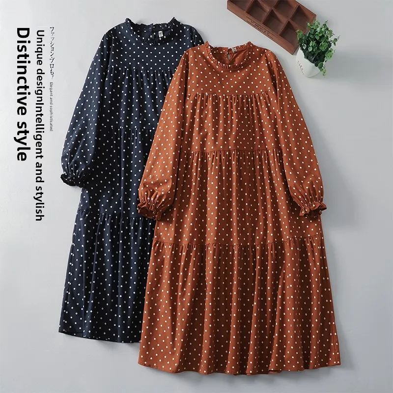 

plus Size Spring Artistic Loose Young Slim Spliced Long Dress Retro Print Polka Dot Long Sleeve Women's Dress Cotton Linen Blend