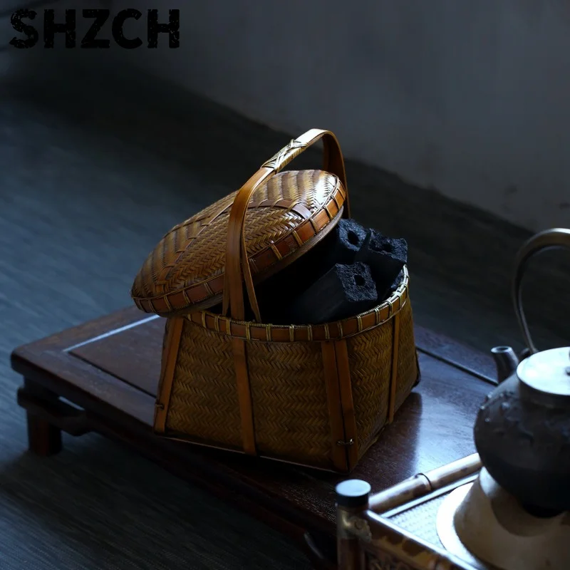 Chinese Style Hand Baskets Handmade Weave Bamboo Storage Basket with Cover Portable Charcoal Basket Tea Room Charcoal Cage