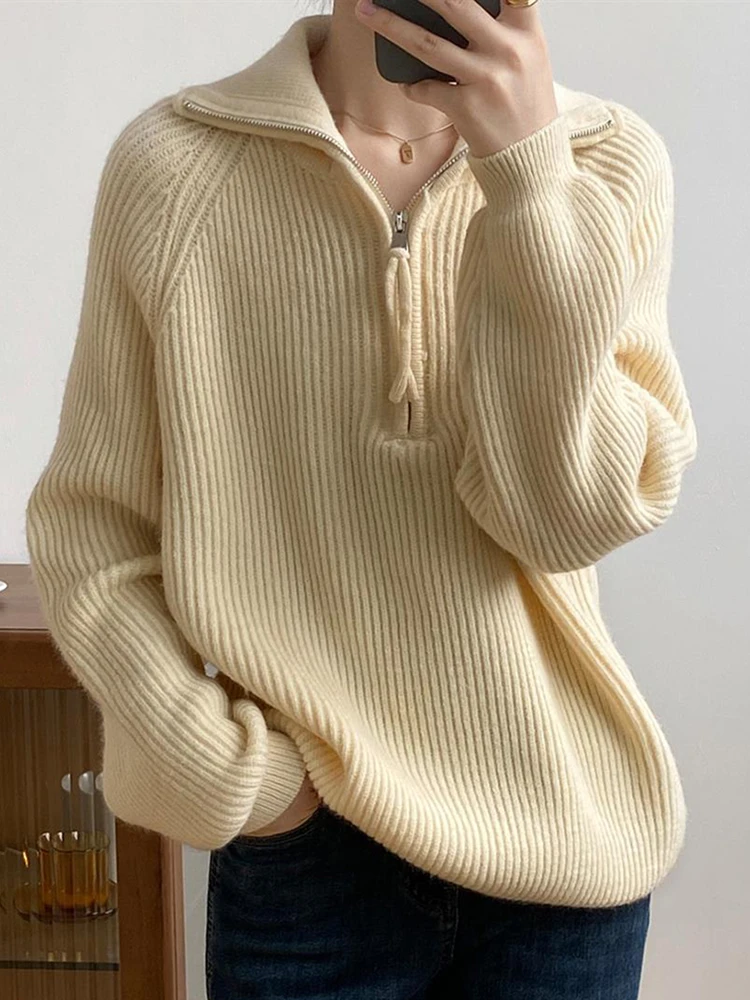 Korean Women\'s Sweater Loose Zippers Turtleneck Sweaters Warm Solid Pullover Knitwear Basic Female Tops Autumn Winter 2024