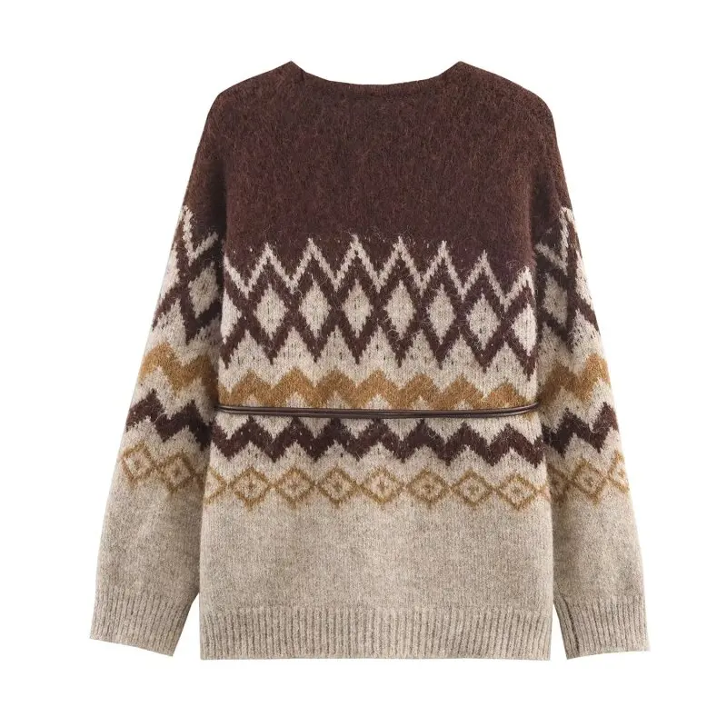 Cardigan de malha com cinto jacquard feminino com efeito desbotado conjunto de saia midi de malha escritório viajante workwear moda estilo elegante