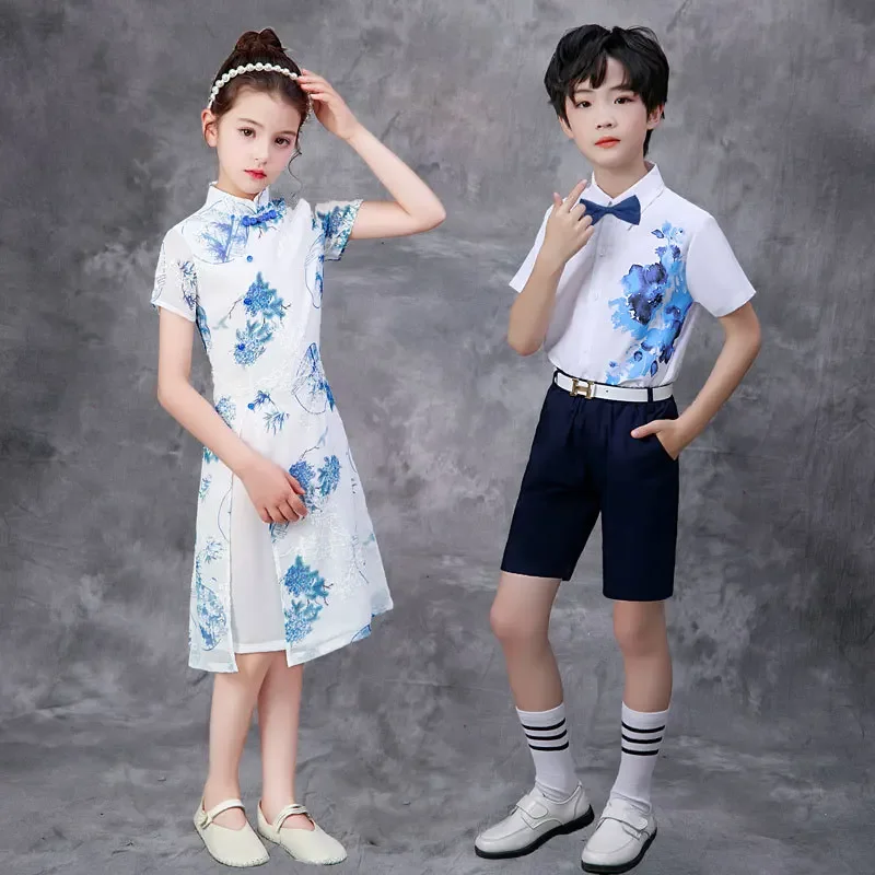 Children's Day performance attire, girl's cheongsam, Chinese style choir costume, boy's hosting recitation dress, performance co
