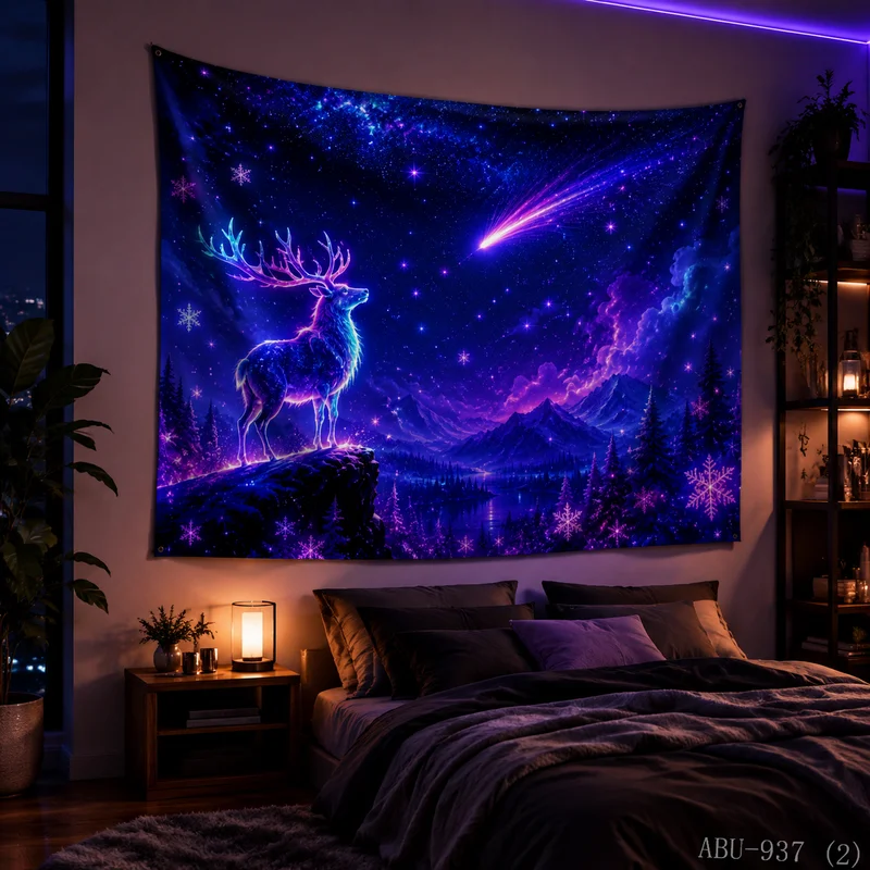 VIKAMA Purple Blue Meteor Starry Sky Elk Christmas Tapestry HD Background Cloth Holiday Atmosphere Room Decoration