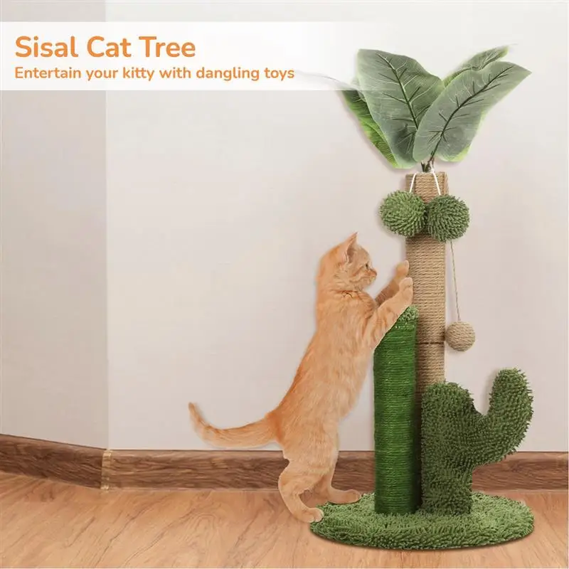 Cat Scratching Post Cat Tree With Dangling Toy Cactus Scratcher Cat Scratching Post Artificial Leaves Plush Sisal Scratch Pole