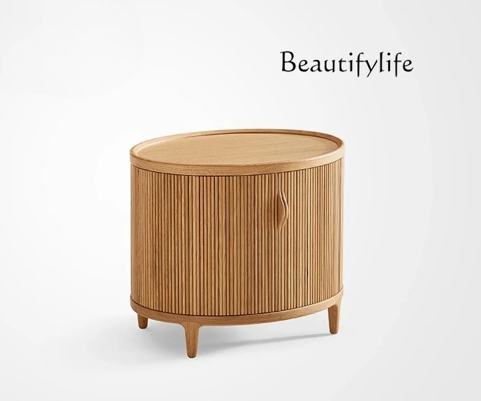 

Japanese-style medieval rolling shutter door white oak round cabinet bedroom solid wood light luxury high-end bedside table