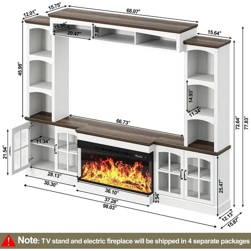 98 Farmhouse TV Stand with 36 Electric Fireplace Bookshelves Fits 75 TVs Entertainment Center with Storage Cabinet Large