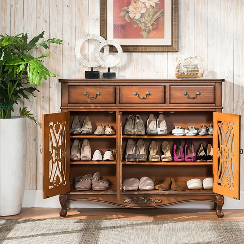 American Country Style Solid Wood Shoe Cabinet Retro Hollow Multi-layer Shoe Rack Walnut Foyer Entrance Storage Cabinet