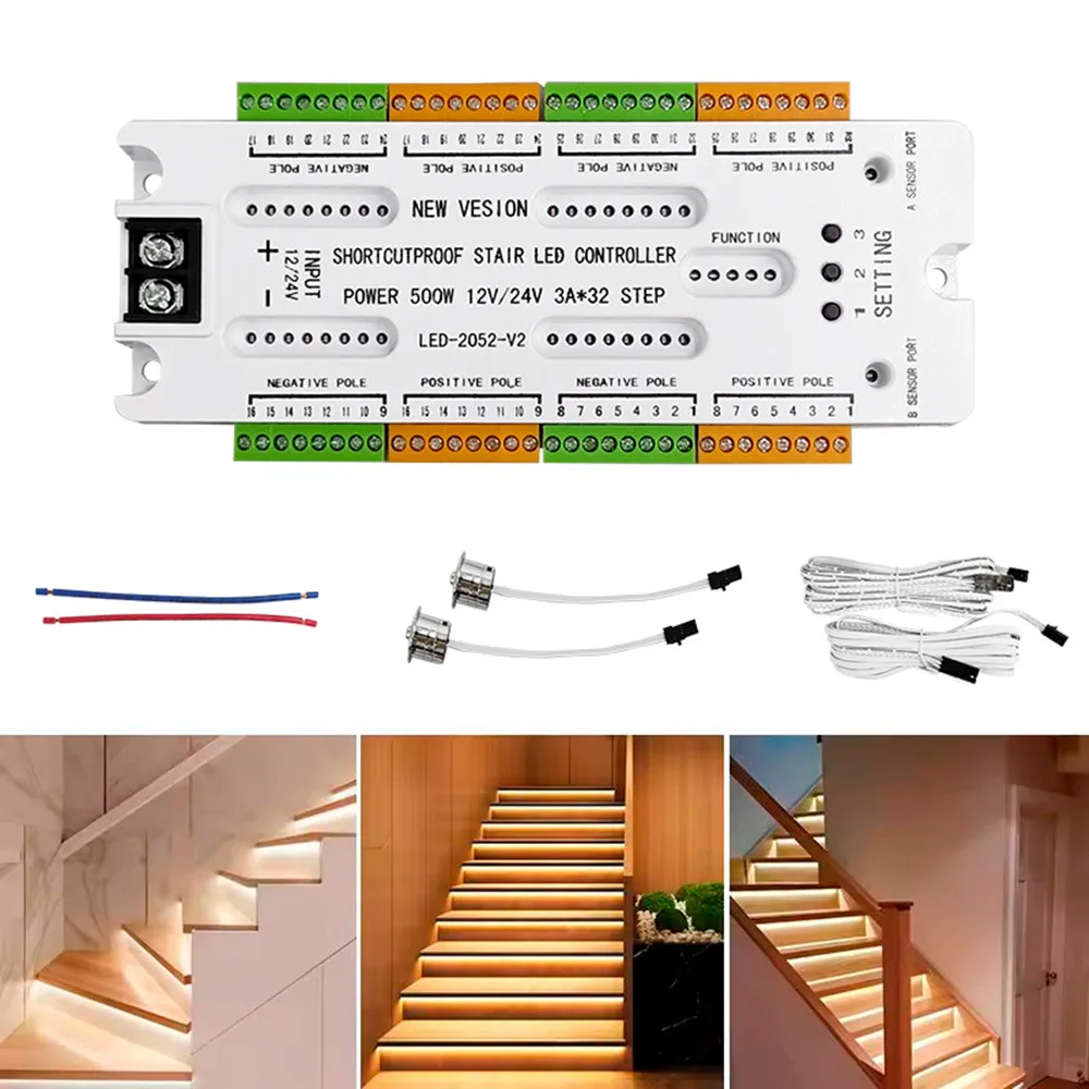 

PIR Motion Sensor Stair LED Controller 32 Channels 12V 24V Prevent Short Circuit Staircase Step Light Strip Controler LED2052-V2