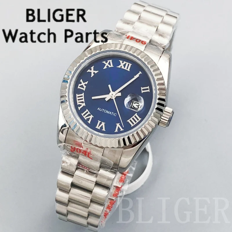 

BLIGER 31mm Lady's Fashion Silver NH05 Mechanical Watch Royal Blue Dial Roman Mark Tooth Bezel Sapphire Steel Dive Women Watches