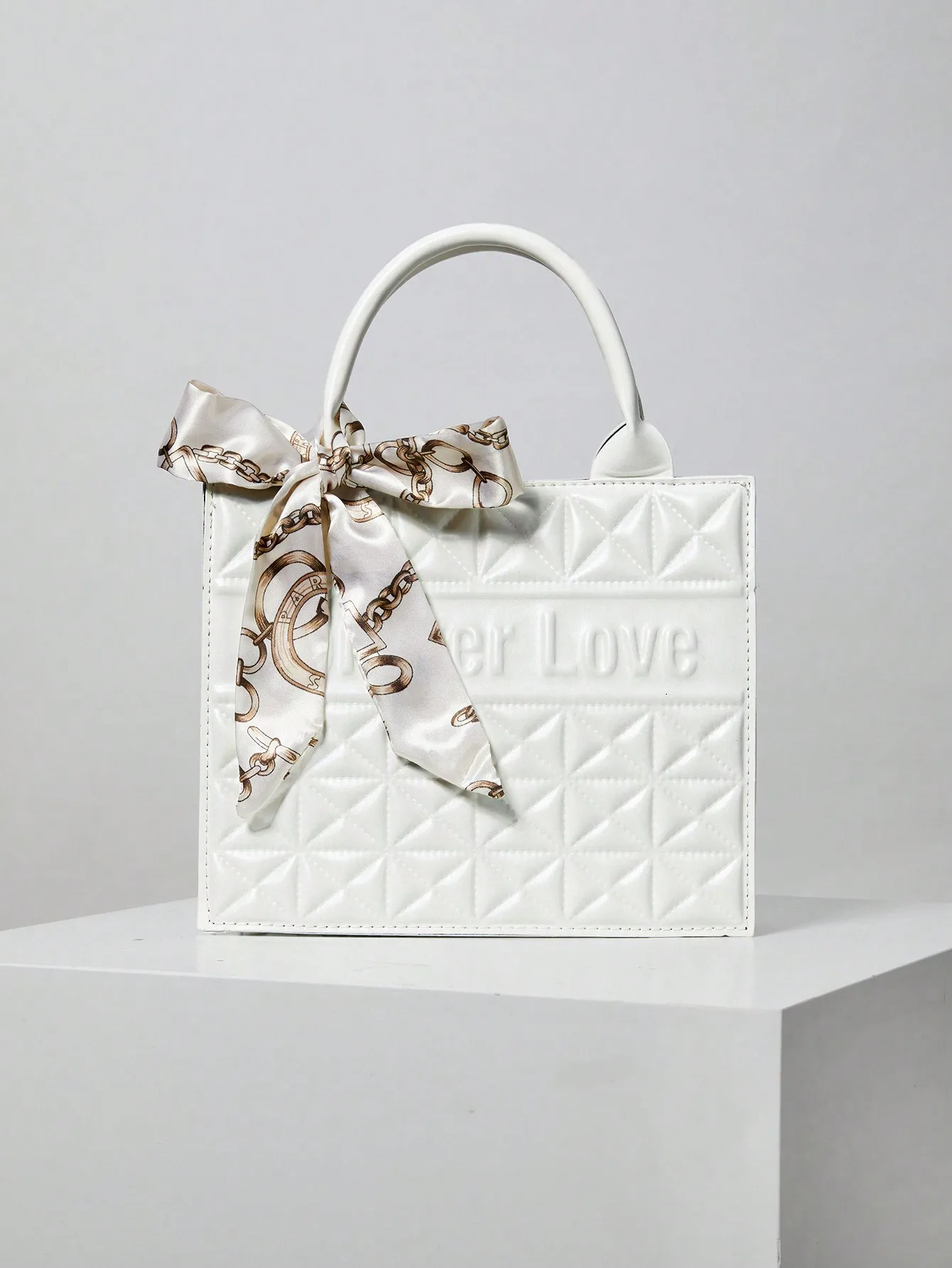 

White Quilted Top-Handle Bag with Chain-Print Scarf Bow, Large Capacity for Daily & Party Use