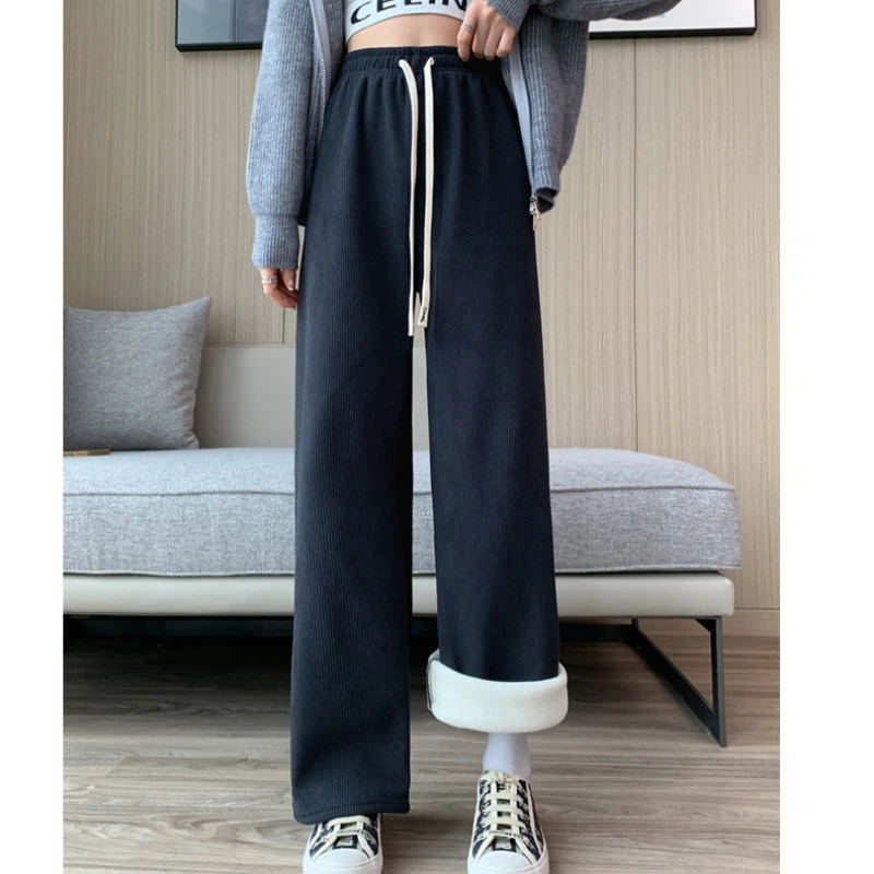 Autumn Winter Plush High Waisted Drape Loose Slimming Corduroy Wide Leg Trousers Women's Clothing Straight Tube Mop Casual Pants