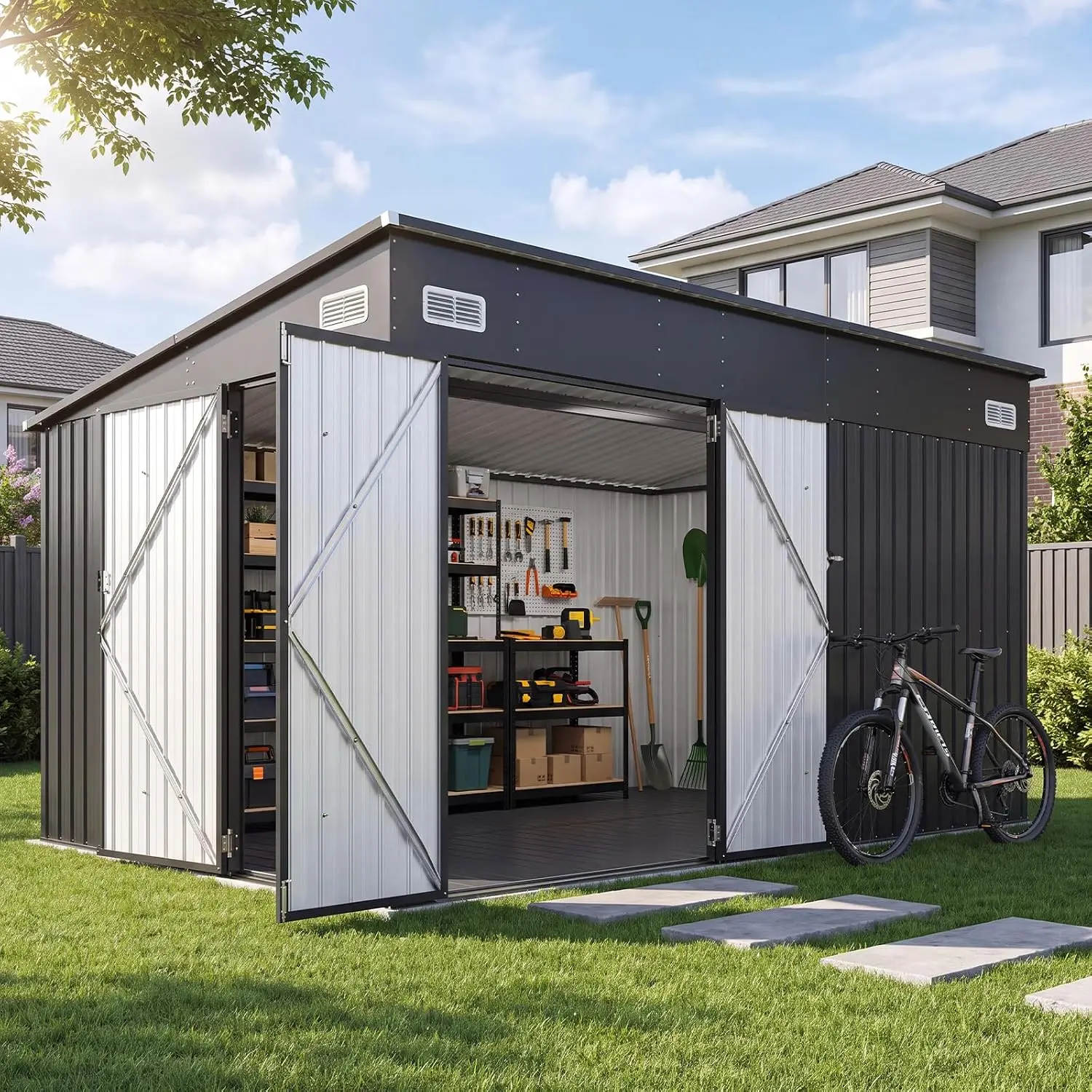 8'x10' Lean to Metal Storage Shed with Floor & Triple Door, Customized
