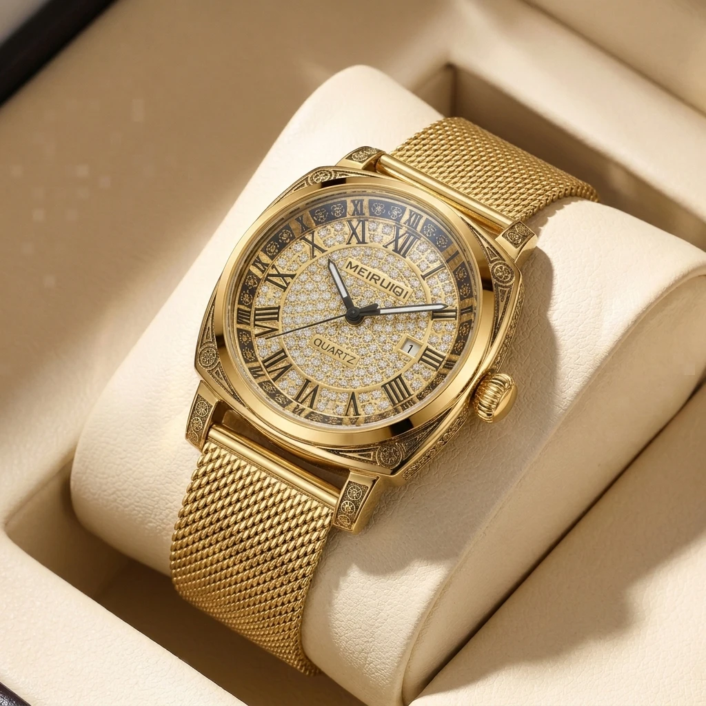 1pc Roman Numeral Dial Watch, Brilliant Full Face Design, Metal Mesh Strap, Calendar Window, Quartz Movement, Versatile