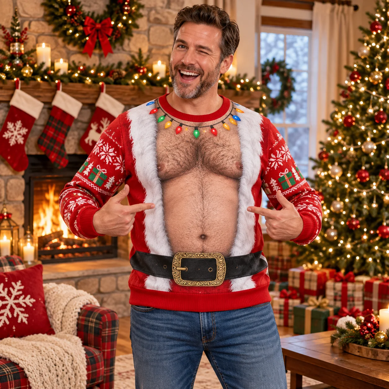 Santa Belly Illusion Hässlicher Weihnachtspullover für Herren, 3D-Druck, Polyester, Rundhals-Sweatshirt, lustiges Weihnachtskostüm, Pullover – Detail 7