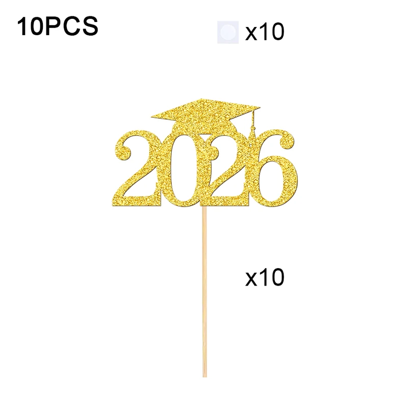 YOMDID 10 Stück 2026 Cupcake-Topper für den Abschluss, glitzernde Cupcake-Topper für 2026-Abschlusskappen mit langen Mittelstücken, Sticks – Detail 7