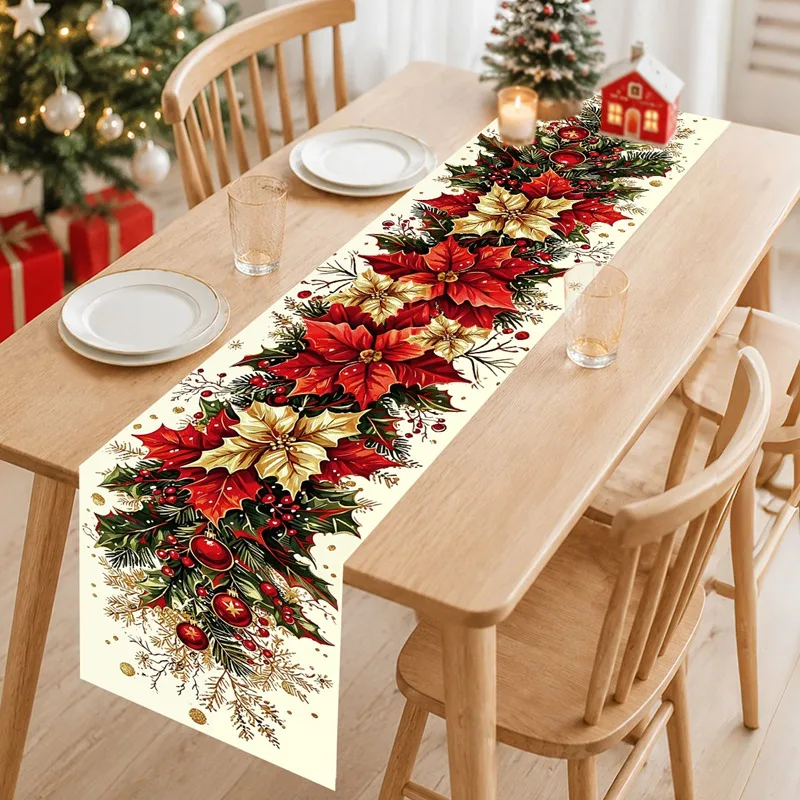 Retro Christmas Table Runner Poinsettia Holly Berry Design Polyester Tablecloth Holiday Party Decor Christmas Decoration 2026