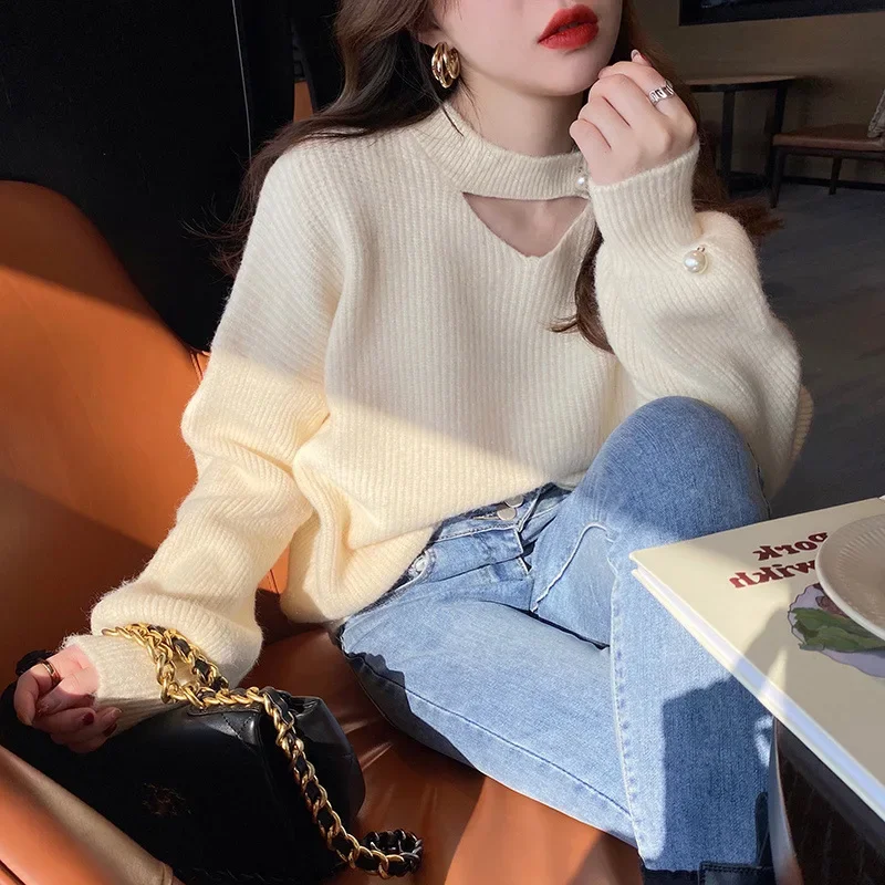 2024 Autumn Winter New Loose-Fit Knitted Top Pink Hollow Out V-Neck Sweater Women's Niche Sensibility Korean Style Pullover