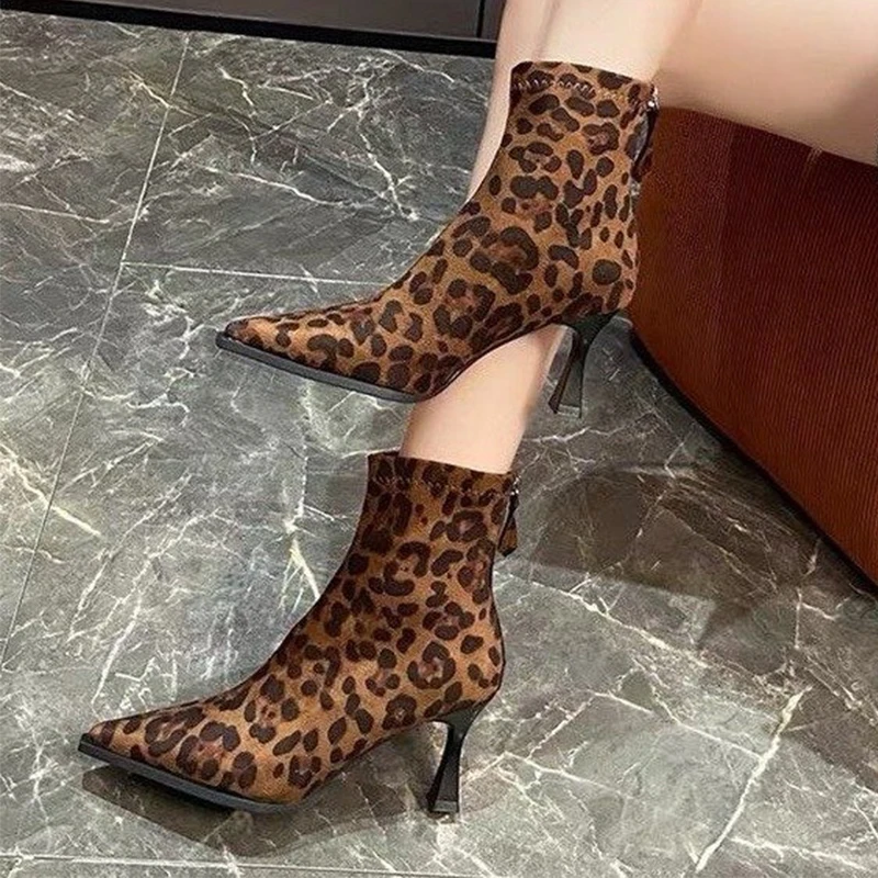 

Leopard Pointed Toe Women's Boots High Heels Sexy Shoes Winter Woman Pumps 2025 Suede Chelsea Boots Chunky Shoes Mujer Botas