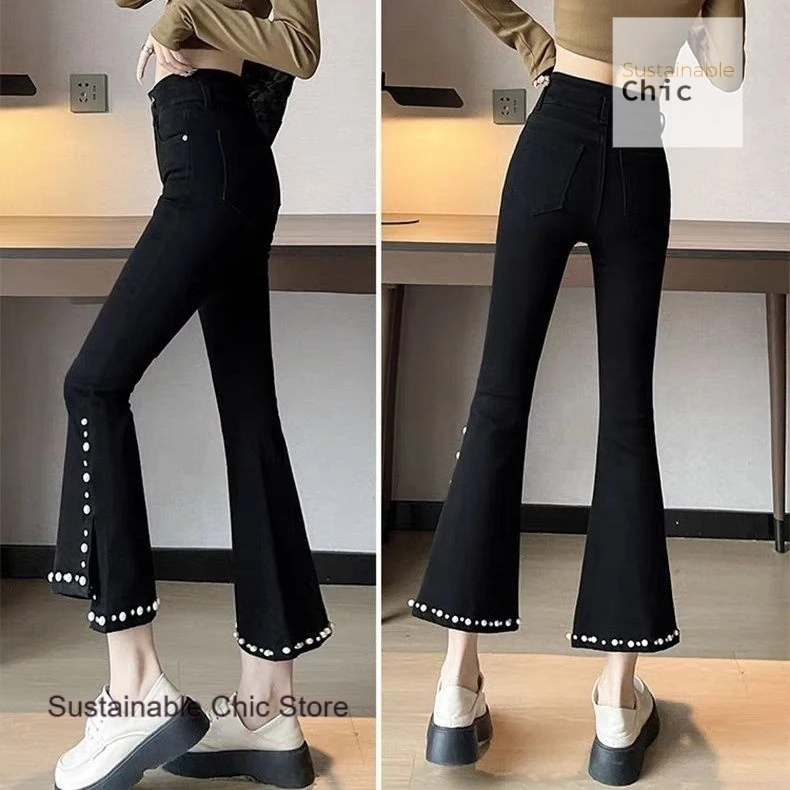 Summer new beaded split casual pants female Korean-style high waist stretch pants show skinny black Joker Bell bottoms.