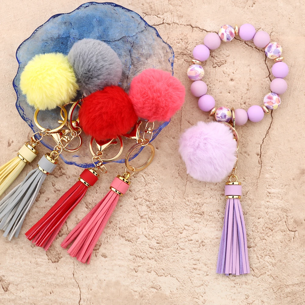 Silicone Beads Elastic Bangle Bracelet Keychain Women\'s bracelet gift  Hairball Silicone Beads Bracelet Wristlet Keychain