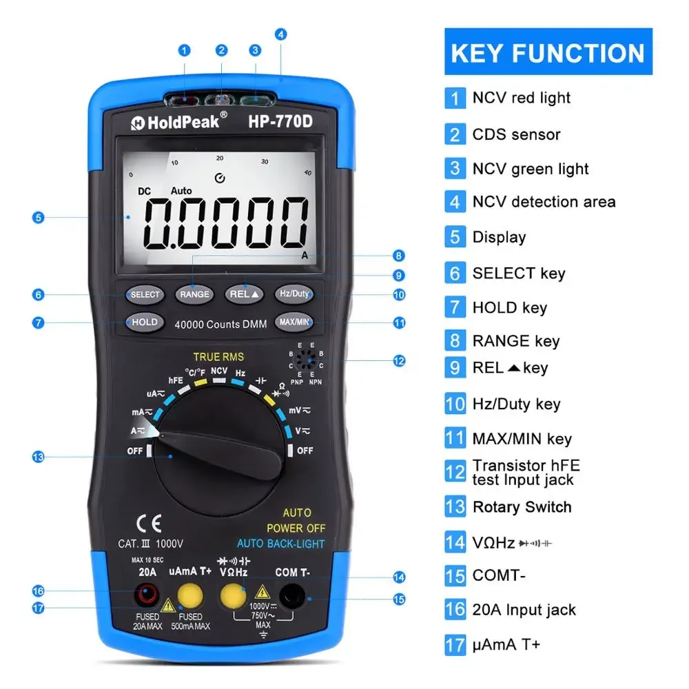 Imagem -03 - True Rms Multímetro Digital Multímetro de Alcance Automático 40000 Contagens Medida Ohm Volt Amp Capacitor Tester Holdpeak-hp770d